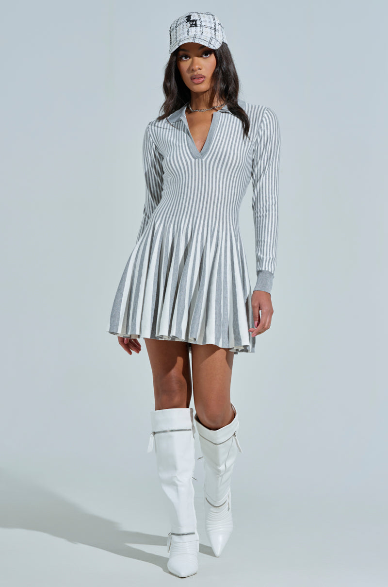 ALINA PLEATED KNIT FIT AND FLARE MINI DRESS WITH LONG SLEEVES IN