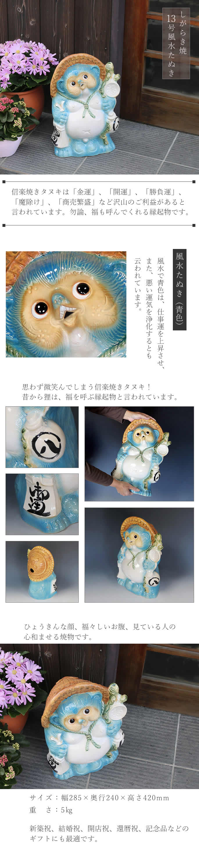 信楽焼 13号風水狸(青) たぬき タヌキ 開運 縁起物 可愛い 陶器 商売
