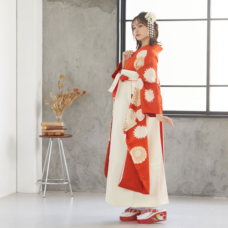 卒業式 袴セット 朱色 絢爛菊華(絹)一点物 レンタル 大学生 振袖袴