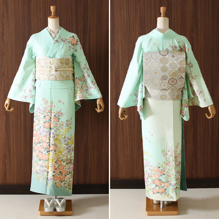 TORAY（東レ） [洗える着物] 袷 訪問着 四季草花文様 (若緑色) 日本製