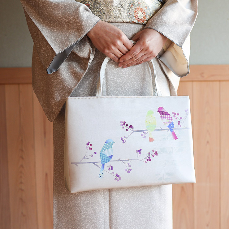 日本製] 召しませ花 和装バッグ ひみつの会議 オフホワイト 小鳥 鳥 白