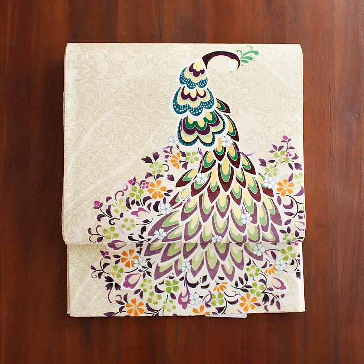 召しませ花 名古屋帯 染め 京袋帯 ピーコック クリーム 日本製 正絹