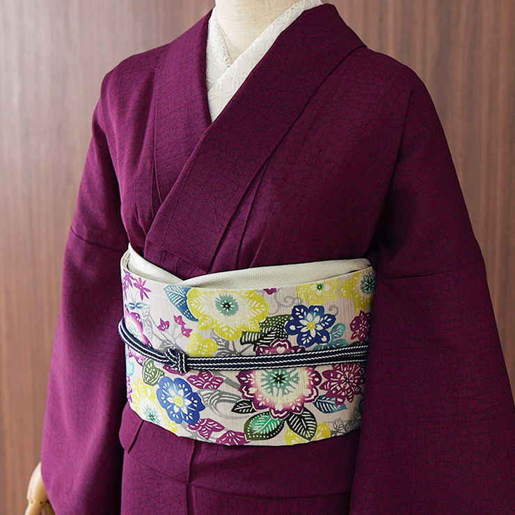 夏帯 夏 名古屋帯 花波 薄グレー 日本製 花柄 カラフル 紫 召しませ花