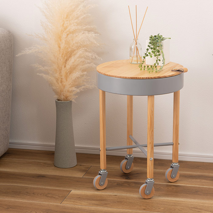 収納付きサイドテーブル 丸 キャスター付き 木製 丸型 円形 直径35cm