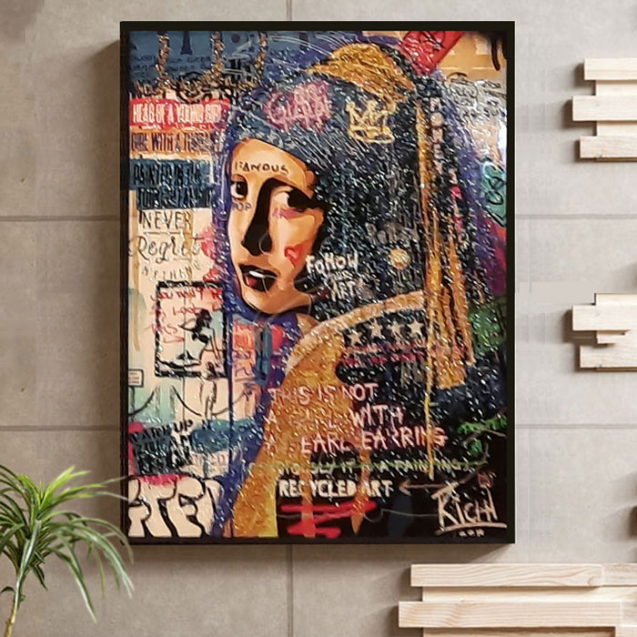 60×80cmフレーム付おしやれ壁掛けアートパネル・水晶絵 真珠の耳飾り