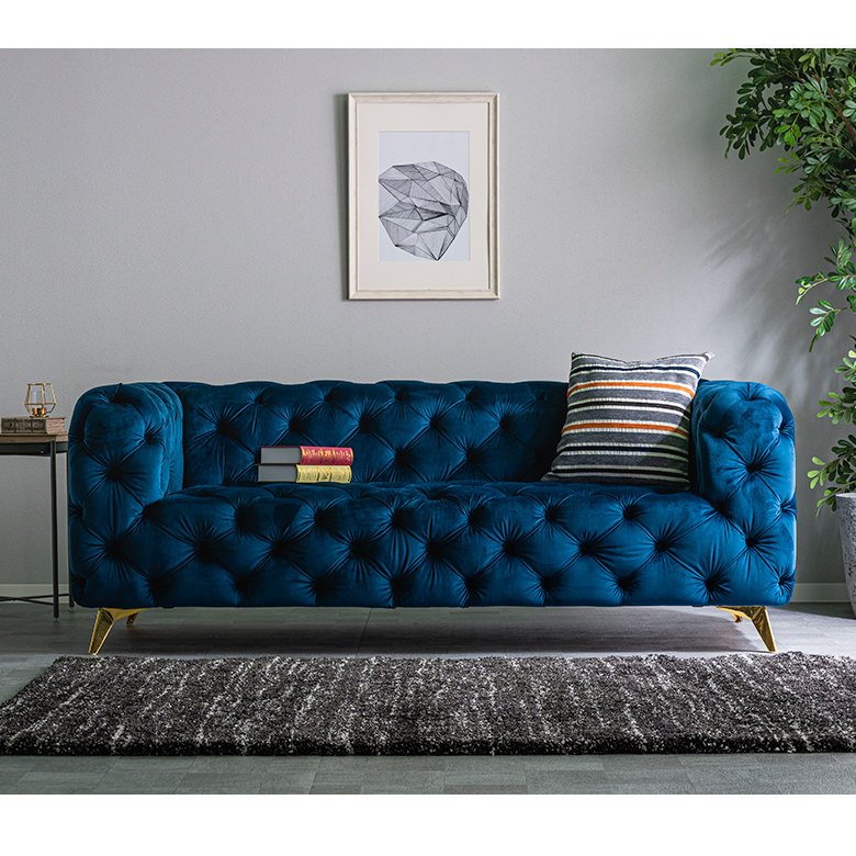 3Pソファ ベルベット生地 エレガント チェスターフィールド ボタン留め