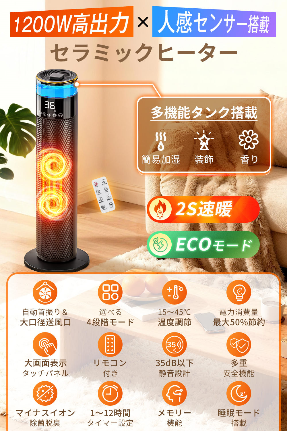 2025冬新型 AI知能恒温 セラミックヒーター 人感センサー 首振り 大