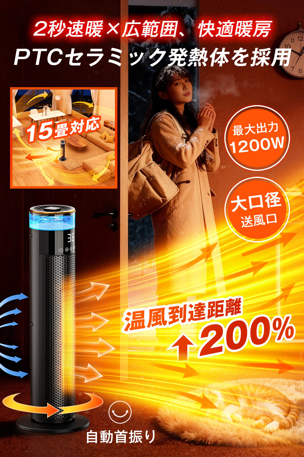 2025冬新型 AI知能恒温 セラミックヒーター 人感センサー 首振り 大