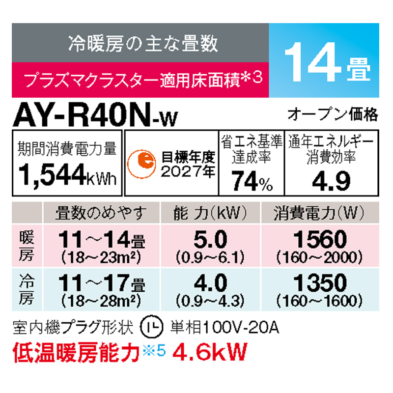 AY-R40N-W シャープ エアコン 主に14畳 R-Nシリーズ ホワイト ルーム