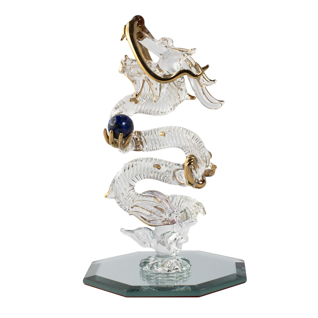 昇龍 ガラス細工 龍の置物 天然石 赤メノウ丸玉 ラピスラズリ 翡翠