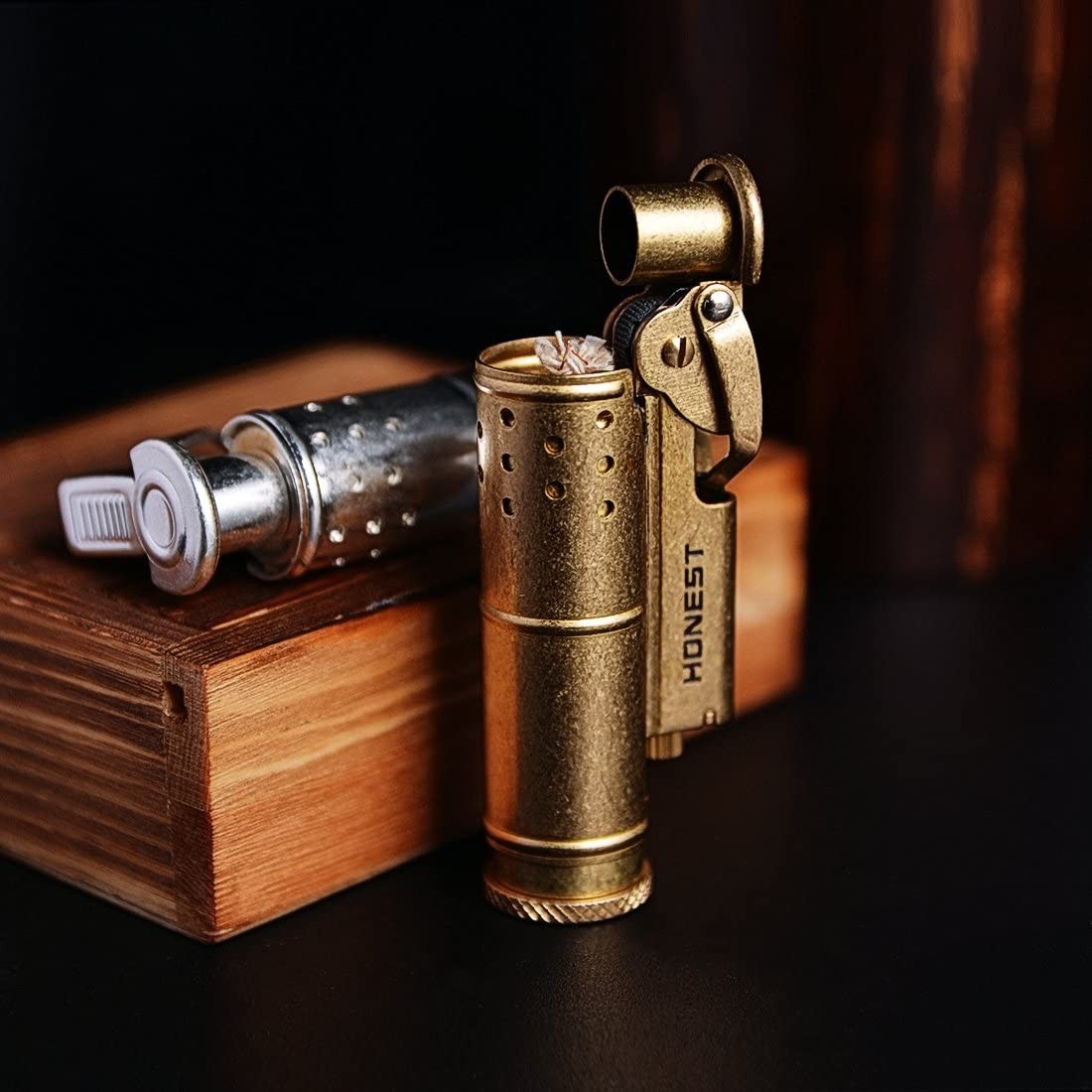 オイルライター 木箱入り 一発着火 DEWEL 着火石付き レトロ トレンチ