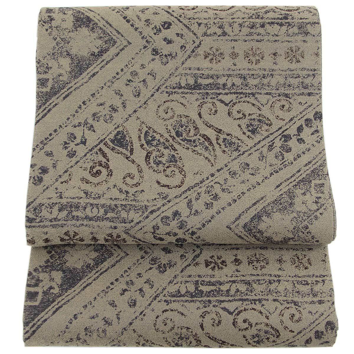 袋帯 -37- 西陣織 タケジ商事 全通柄 正絹 絹100% 茶鼠地 コプト柄