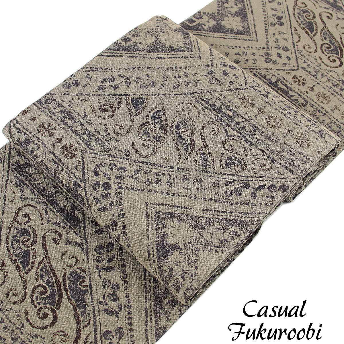 袋帯 -37- 西陣織 タケジ商事 全通柄 正絹 絹100% 茶鼠地 コプト柄