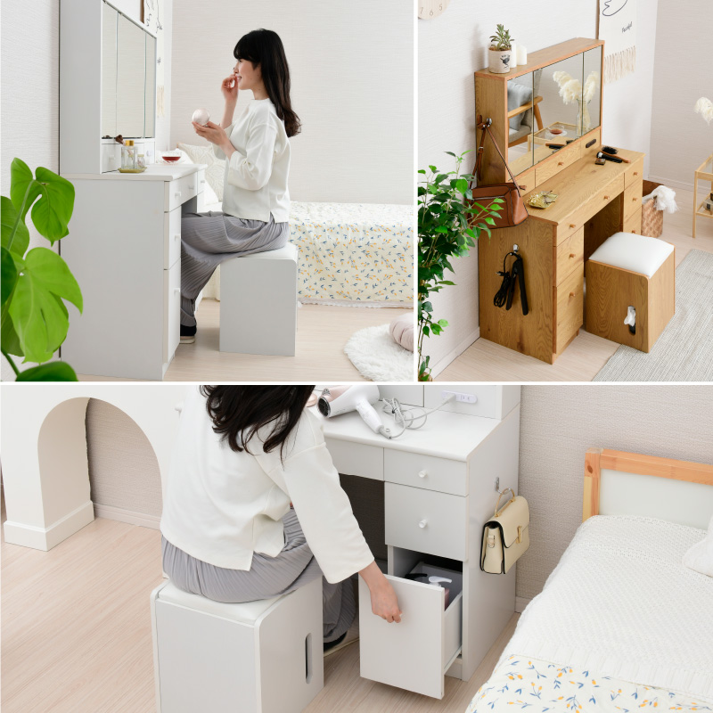 ワイドサイズ 幅90 三面鏡 ドレッサー スツール付き コンセント付き 大