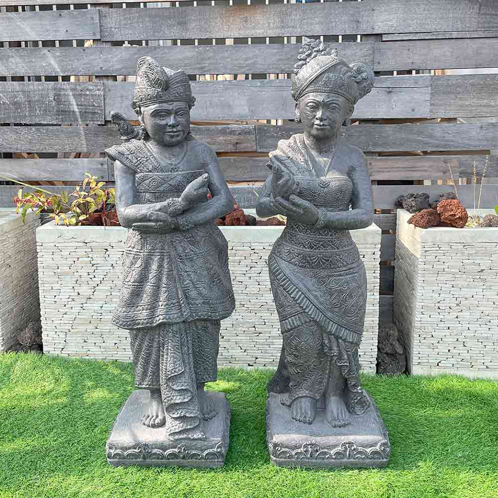 石像 男女ペア セット バリニーズ H100cm ペア 濃いグレー 黒 ストーン