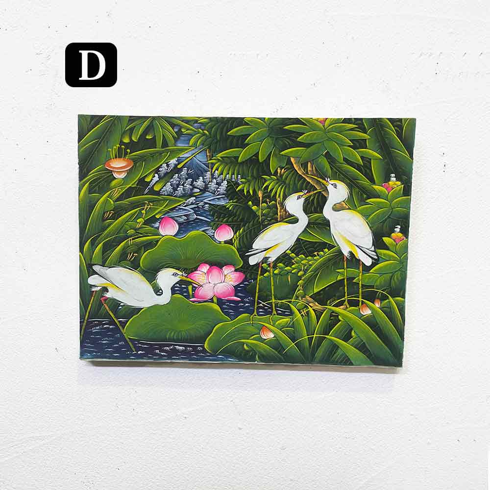 バリ絵画 鳥の絵 3羽 小鳥 白サギ W40×H30cm ブンゴセカン 癒し 花鳥