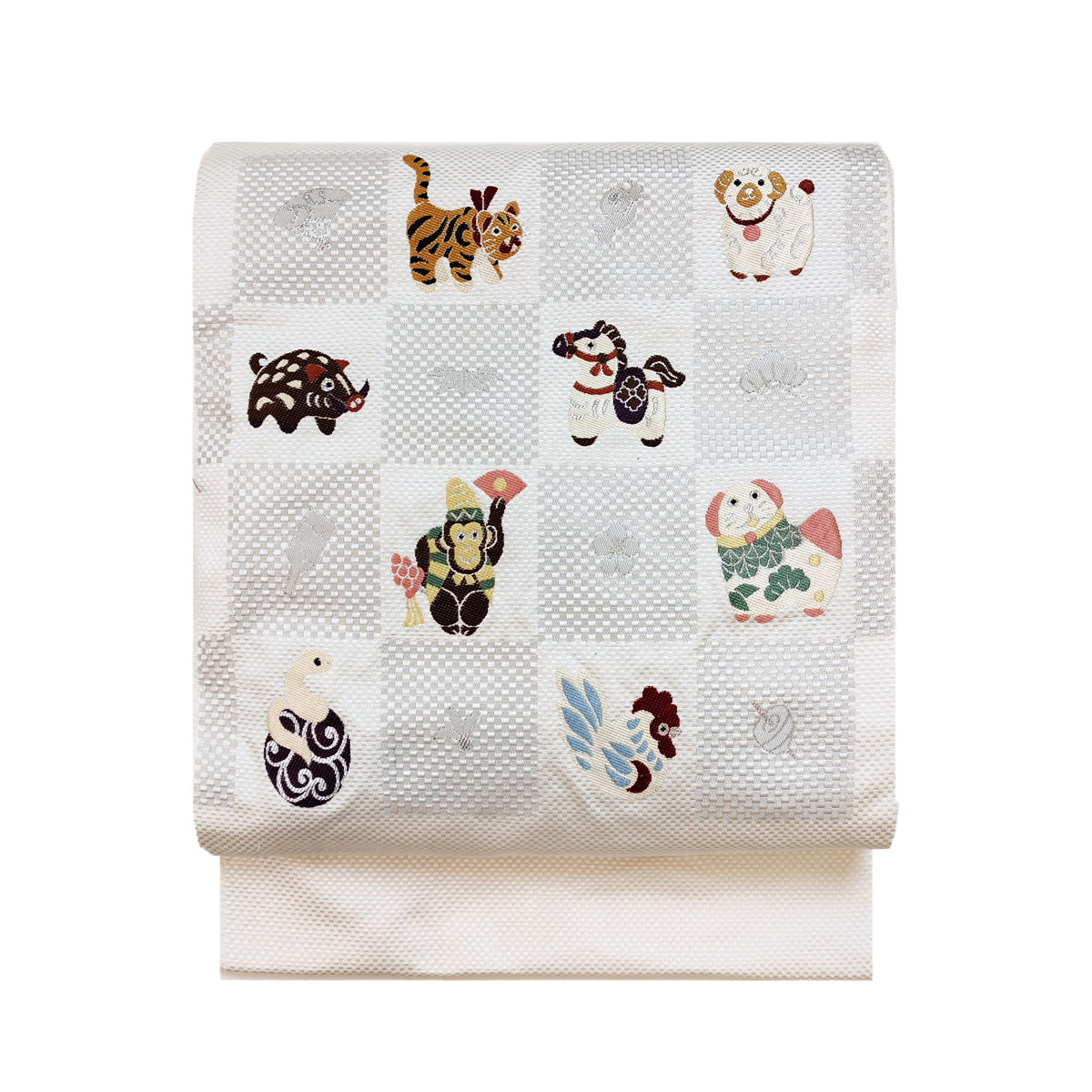 名古屋帯 正絹 白 干支 〜十二支〜 クリーム 京玉響 西陣織 : 名古屋帯