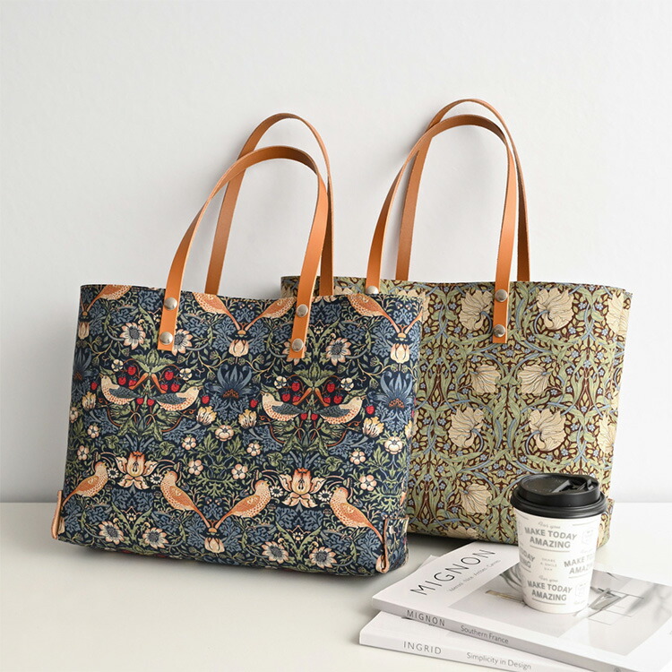 A4 トートバッグ ウィリアムモリス いちご泥棒 ピンパネル 本革