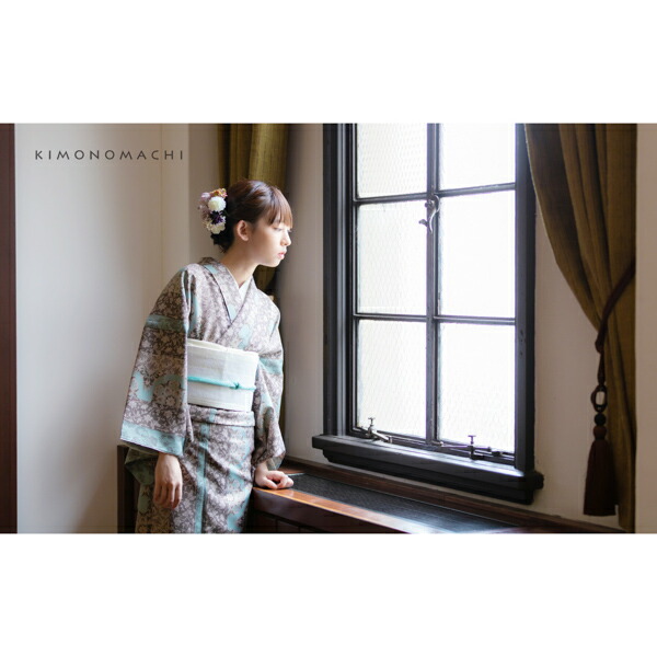 KIMONOMACHI 洗える着物 袷着物単品 「縞更紗 水色」 オリジナル