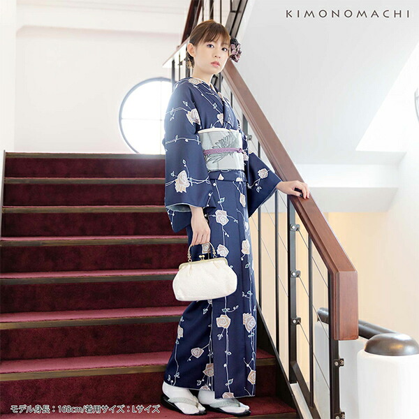 KIMONOMACHI 洗える着物 セット「袷着物：ばら 墨紺色＋京袋帯：叢雲に
