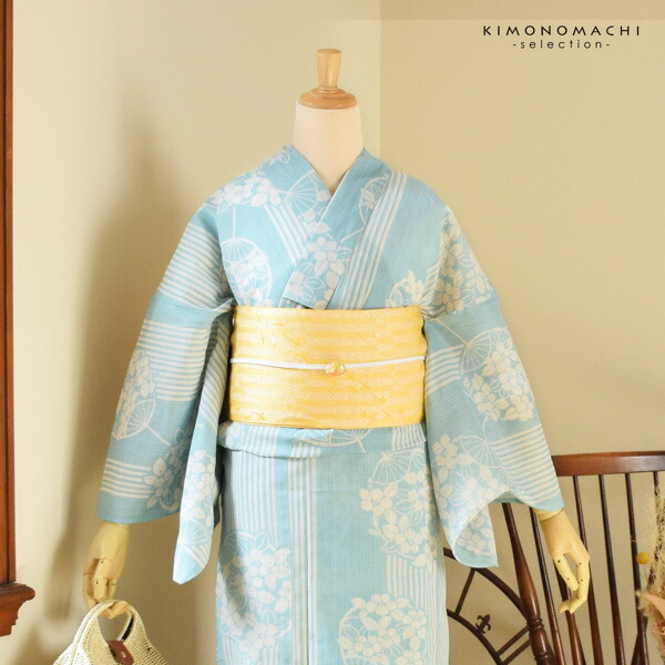 浴衣セット 浴衣と半幅帯の2点セット 「浴衣 水色 団扇＋半幅帯 水面