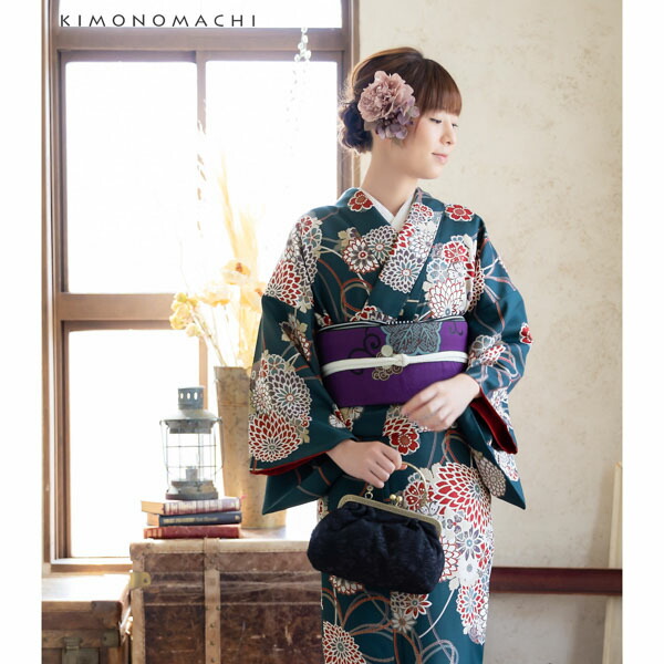 KIMONOMACHI 洗える着物 セット「袷着物：花くす玉 青緑色＋京袋帯：狆