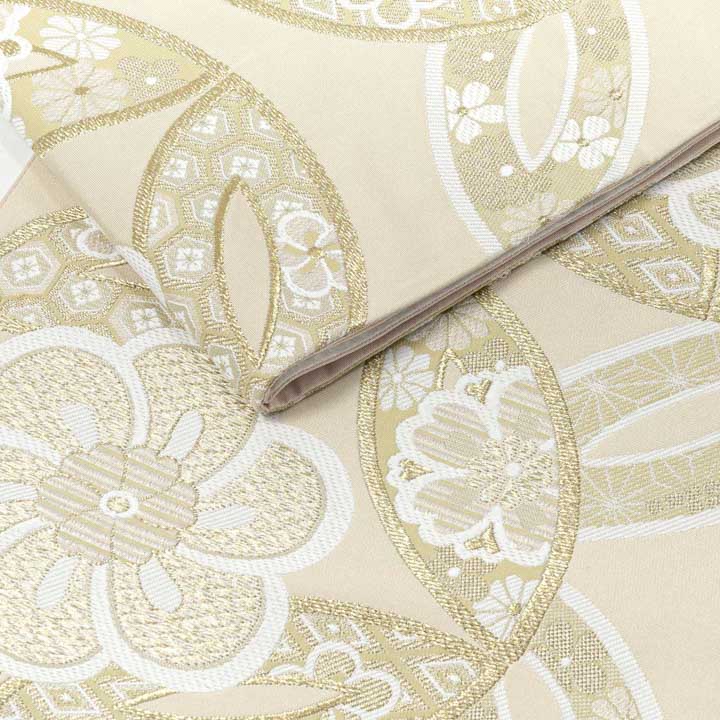 振袖 袋帯 単品「象牙色地、白金×砂色 ねじ花に七宝」六通柄 日本製 お