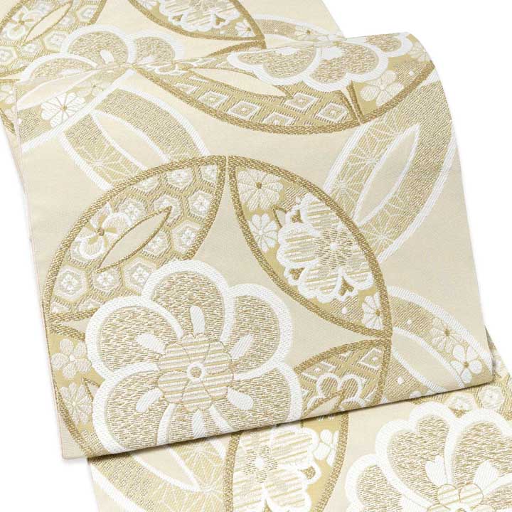 振袖 袋帯 単品「象牙色地、白金×砂色 ねじ花に七宝」六通柄 日本製 お