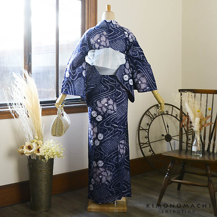 お仕立て上がり絞り浴衣単品「流水に花 群青色（天竺）」有松絞り 女性