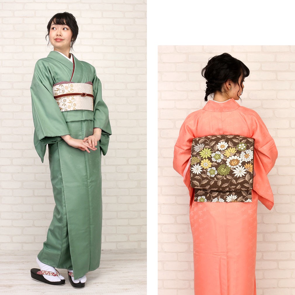 Kisste（キステ） 着物 色無地 袷 水色 鮭色 抹茶 緑青 桜鼠 紗綾型 花