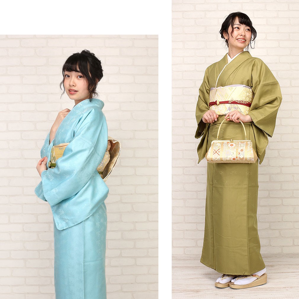 Kisste（キステ） 着物 色無地 袷 水色 鮭色 抹茶 緑青 桜鼠 紗綾型 花