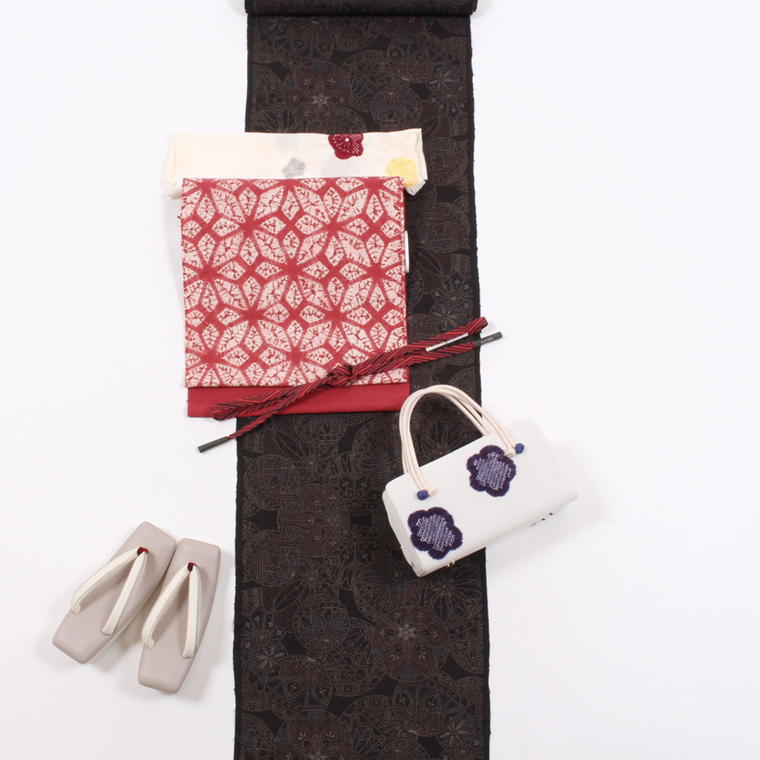 きもの 和 名古屋帯 九寸 茜染め 奥州 茜絞り 染め帯 麻の葉つなぎ