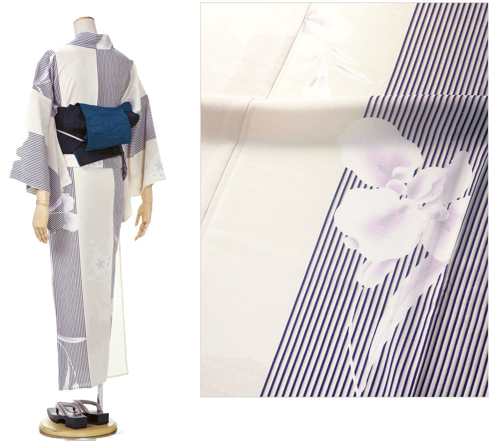 撫松庵 あやめ縞 オフ白 セオアルファ 菖蒲 単衣 夏着物 浴衣 仕立て