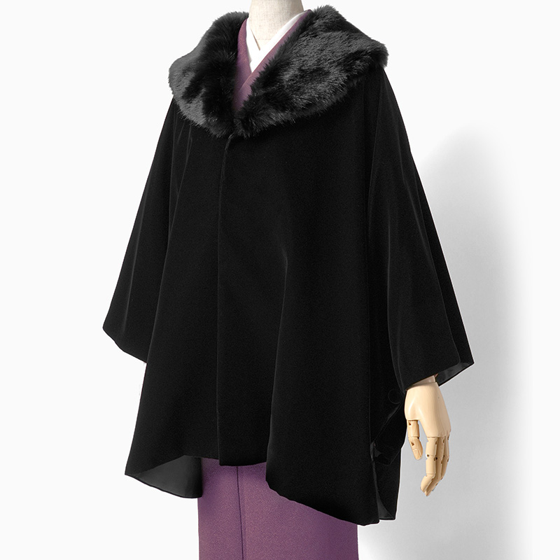 ケープ コート ベルベット 黒 ファー シック シンプル ビロード
