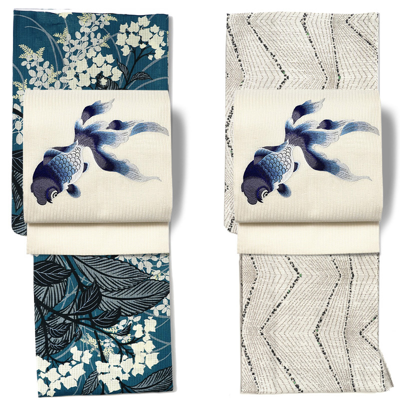 誉田屋源兵衛 名古屋帯 金魚 オフ白 紺 刺繍 正絹 夏着物 仕立て上がり