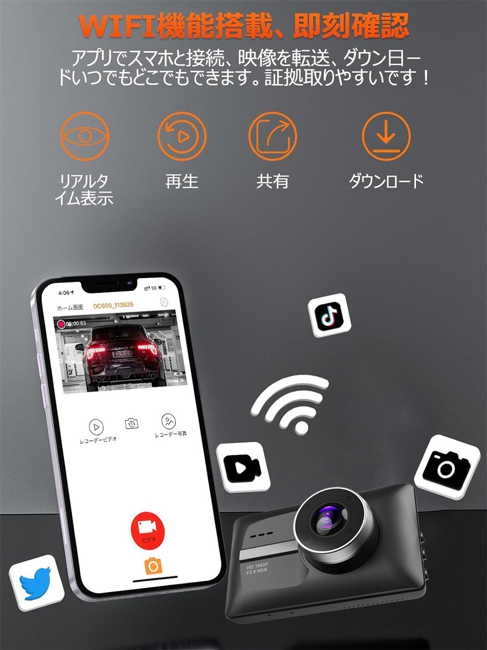 ドライブレコーダー 前後カメラ SONY589製CMOSセンサー WIFI搭載 電波