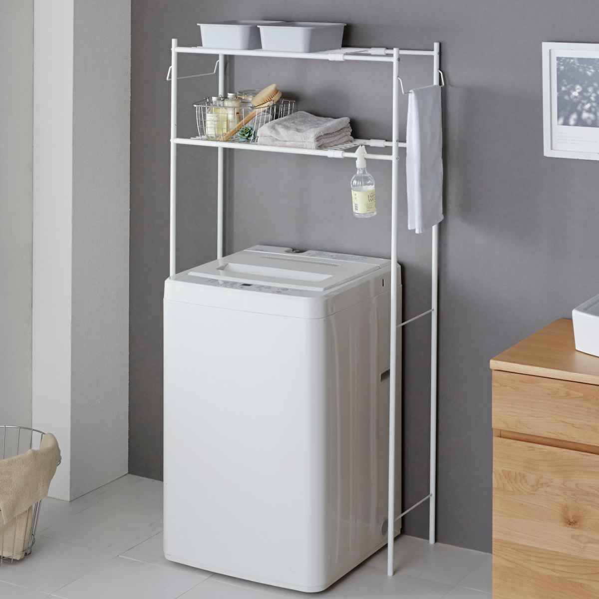 ランドリーラック タオル掛け付き マットホワイト （ 洗濯機ラック