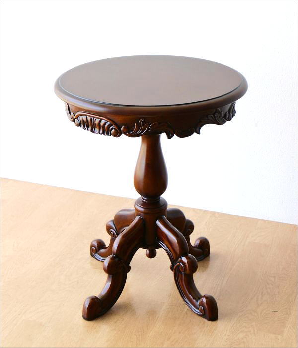 アンティーク調 サイドテーブル 花台 象嵌 天然木 クラシック 丸