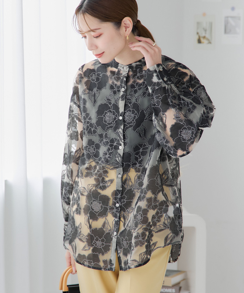 バンドカラーシャツ シャツ ブラウス シアーブラウス シア―シャツ