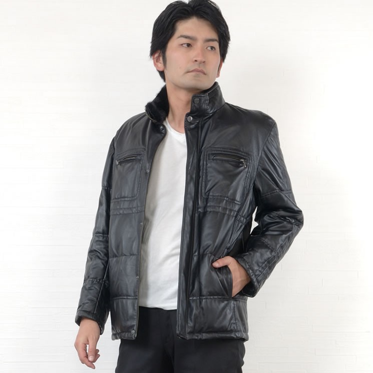 爆買 本革 ソフト ラム レザー ダウン ジャケット ミンク襟付 本皮