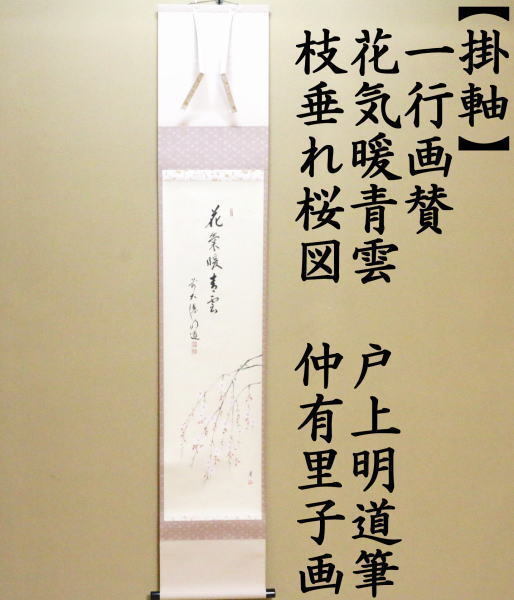 茶道具 掛軸 掛け軸 一行画賛 花気暖青雲 戸上明道筆 枝垂桜の画