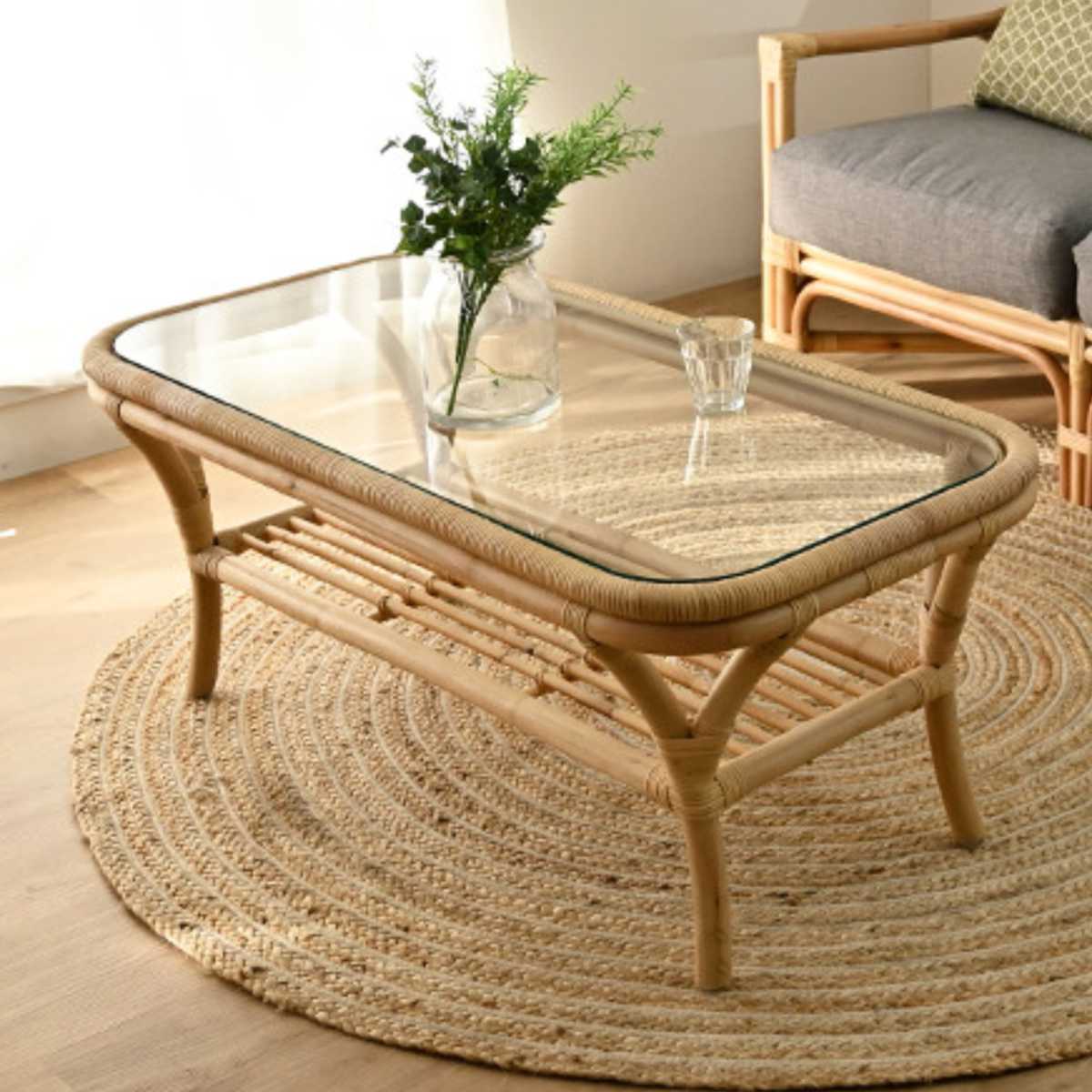センターテーブル ラタン 幅100cm ガラス天板 完成品 Breeze （ ラタン
