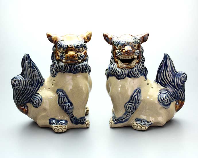沖縄 壷屋焼 シーサー 阿吽 美ら島 やちむん 焼物 育陶園 縁起物