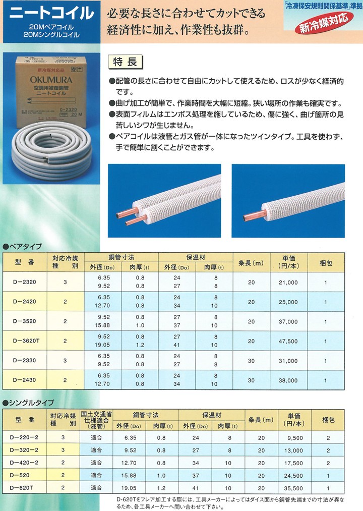 送料無料 冷媒管ペアコイル 3分6分（9.52mm×19.05mm） 20m巻 D-3620T