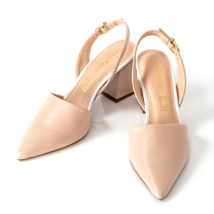 パンプス ストラップ 本革 チャンキーヒール ミュール ホワイト ピンク