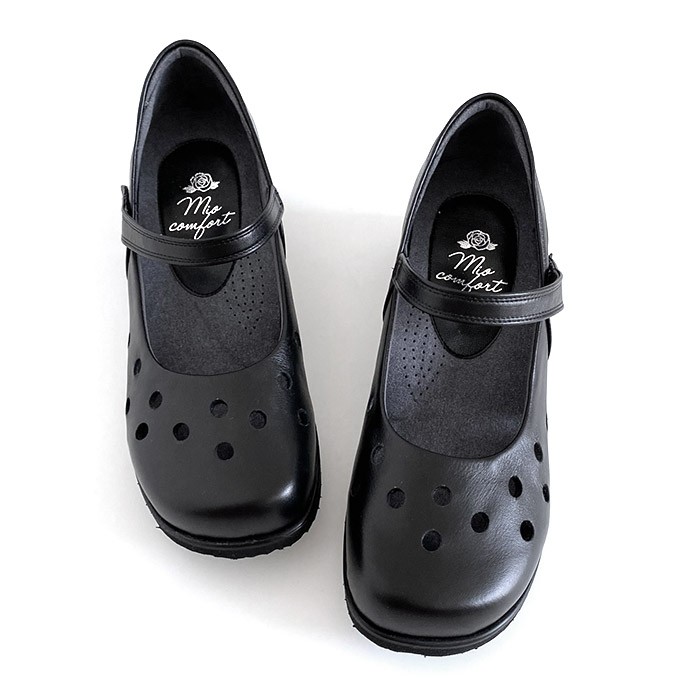 黒 パンプス 本革 幅広 甲高 4E ストラップ コンフォートシューズ 靴