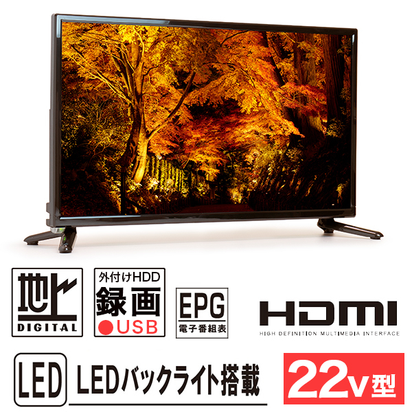 液晶テレビ 22インチ フルハイビジョン 地デジ 外付けHDD録画 HDMI2