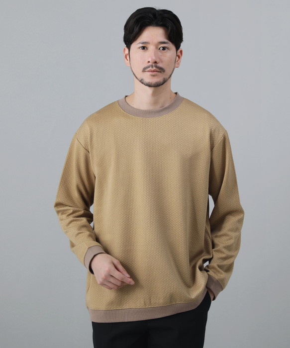 スウェット メンズ 長袖 クルーネック 編み模様 オフホワイト キャメル