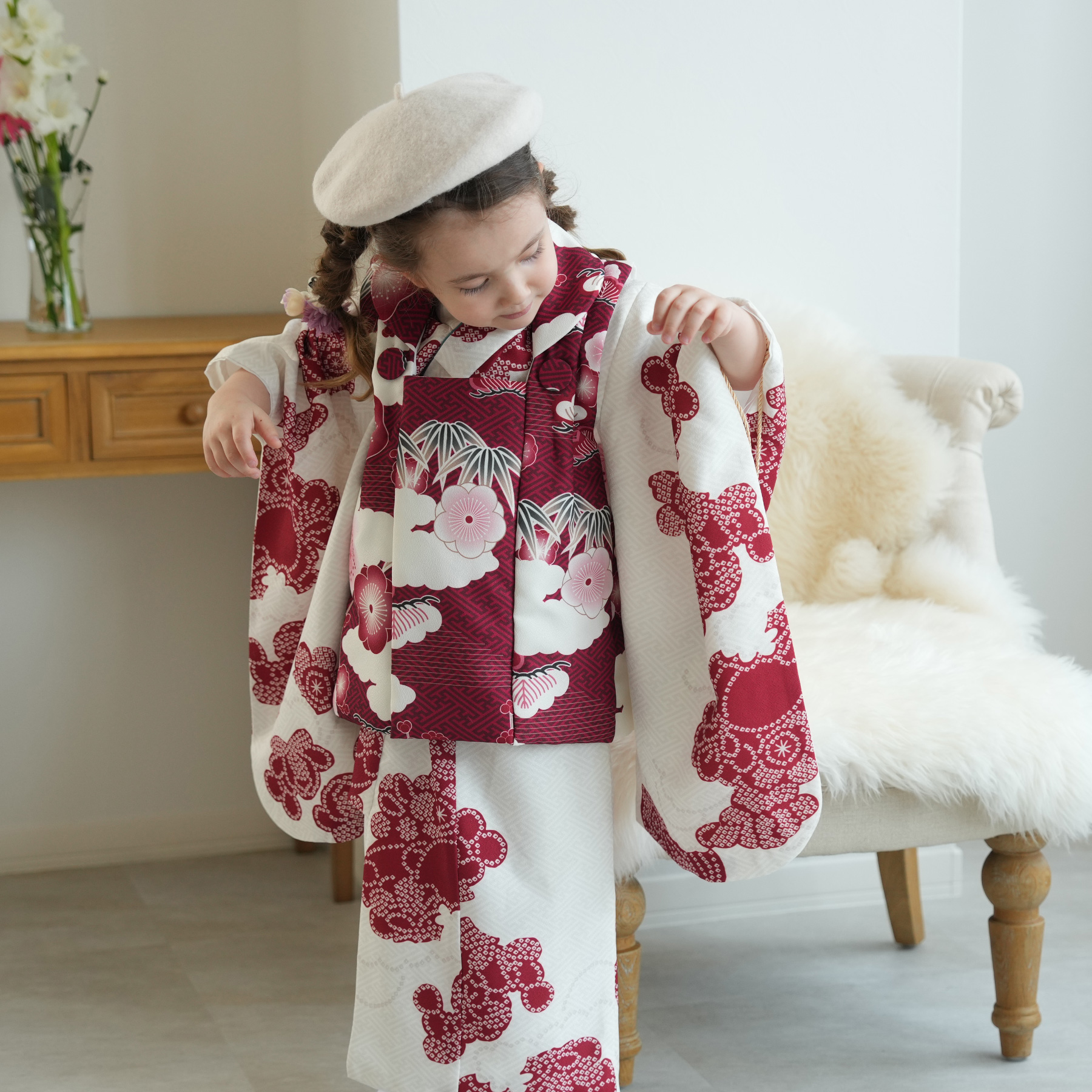 レンタル 七五三 3歳 女の子 ひよこ商店 kids ベレー帽つき被布フル