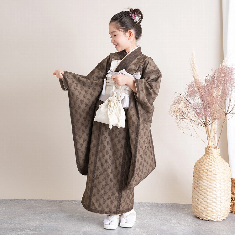 レンタル 七五三 着物 7歳 女の子 utatane レトロ レース 茶系 茶色